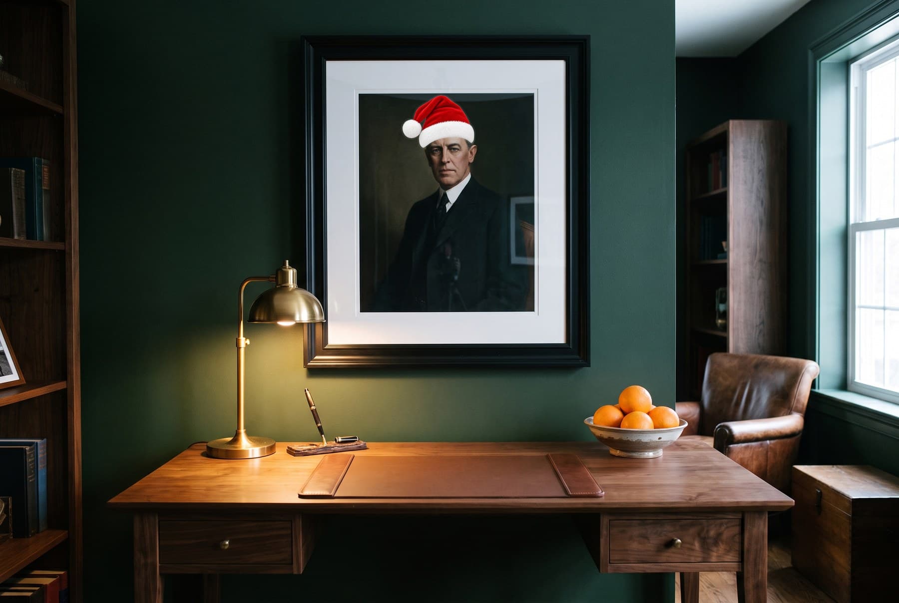 A formal framed portrait above a desk, wearing a Santa hat