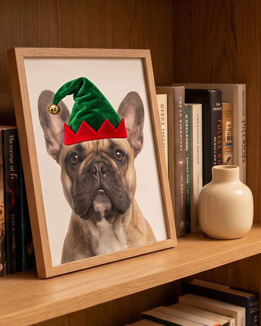 A framed photograph of a French bulldog in an elf hat, on a bookshelf