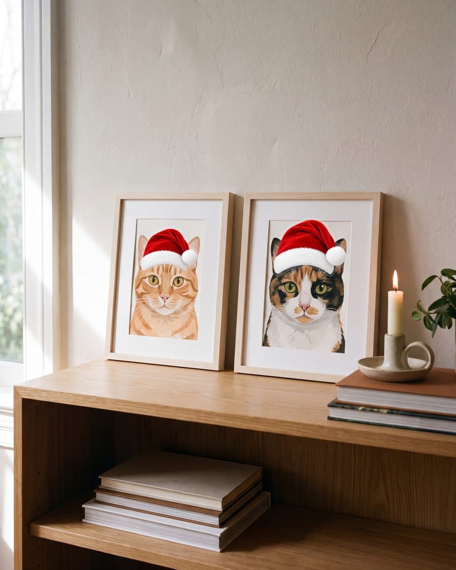 Two gouache cat portraits, a ginger and a calico, in Santa hats on a shelf