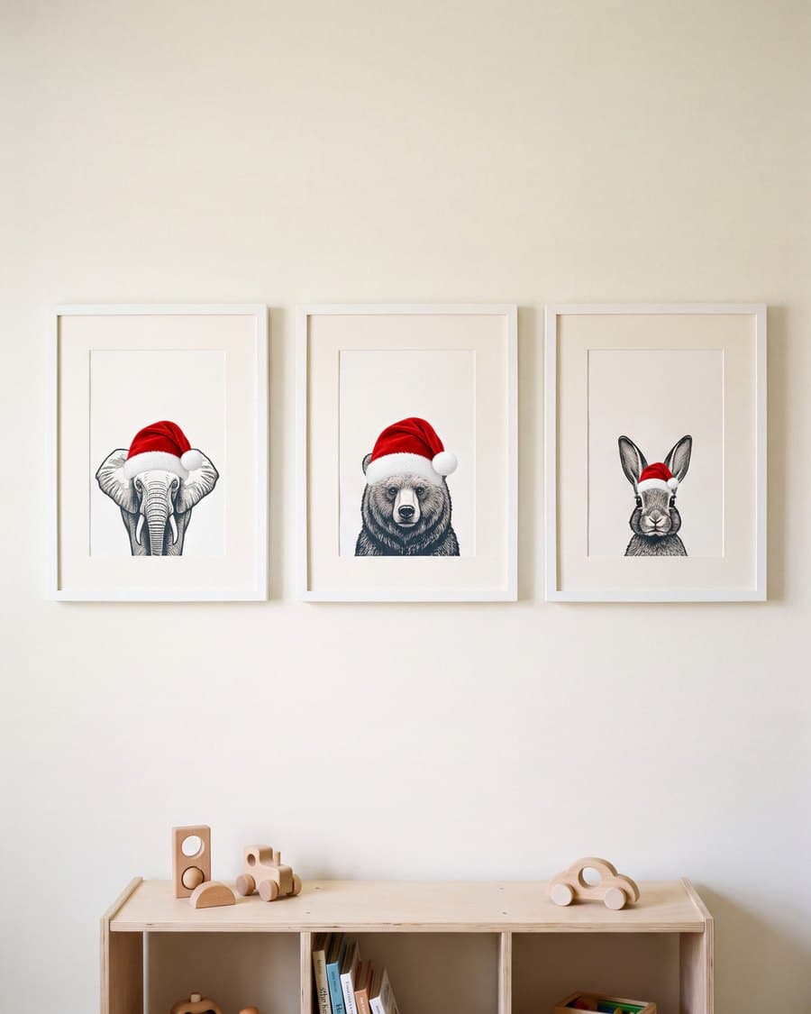 Three letterpress prints of an elephant, a bear and a rabbit in Santa hats, above a toy shelf