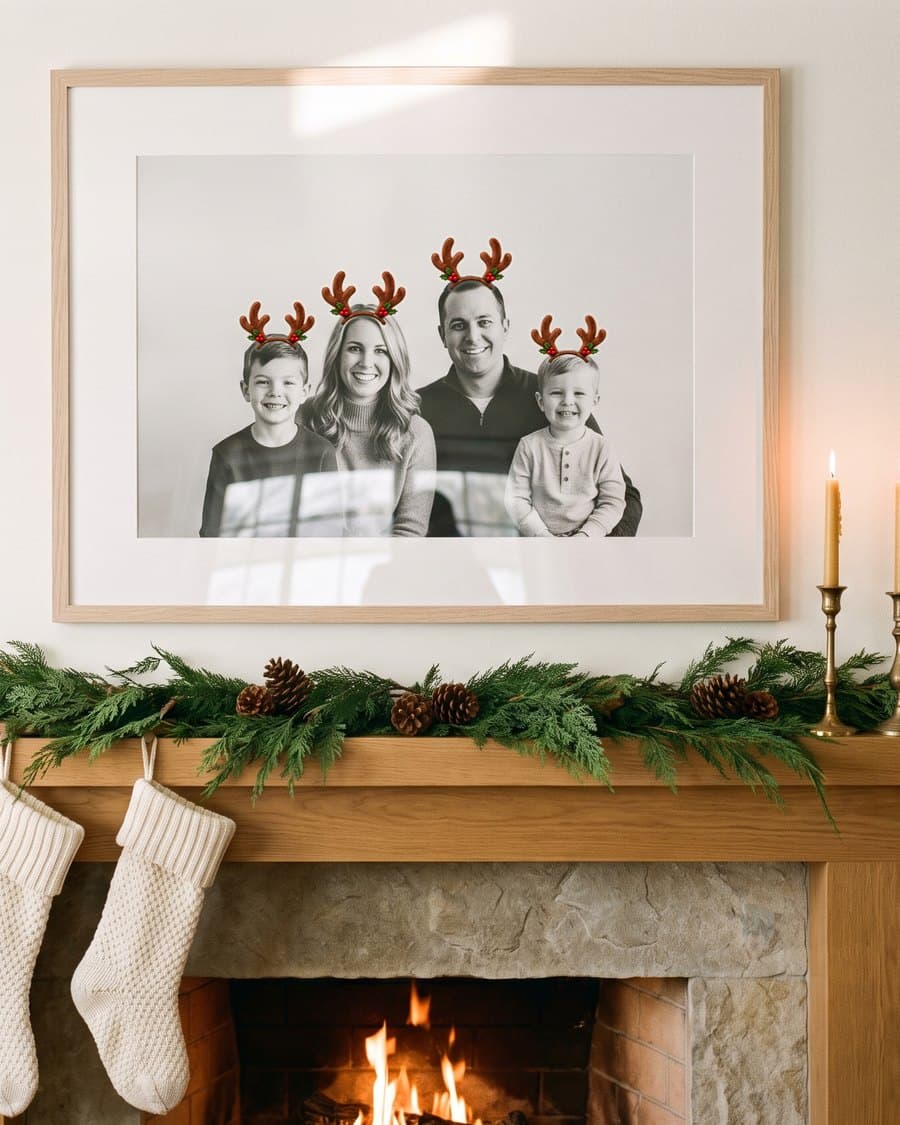 A framed family portrait above a lit fireplace, wearing antlers