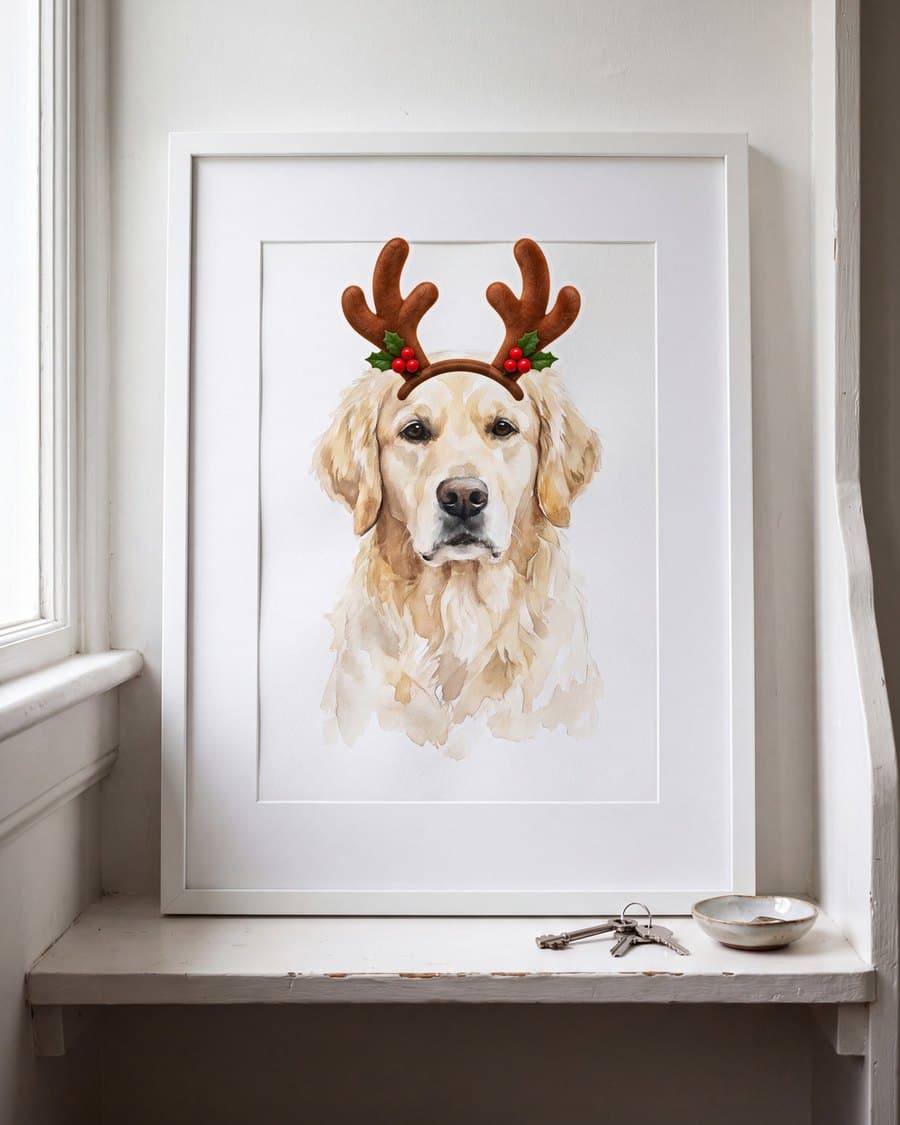 A watercolour of a golden retriever in antlers, framed on a windowsill
