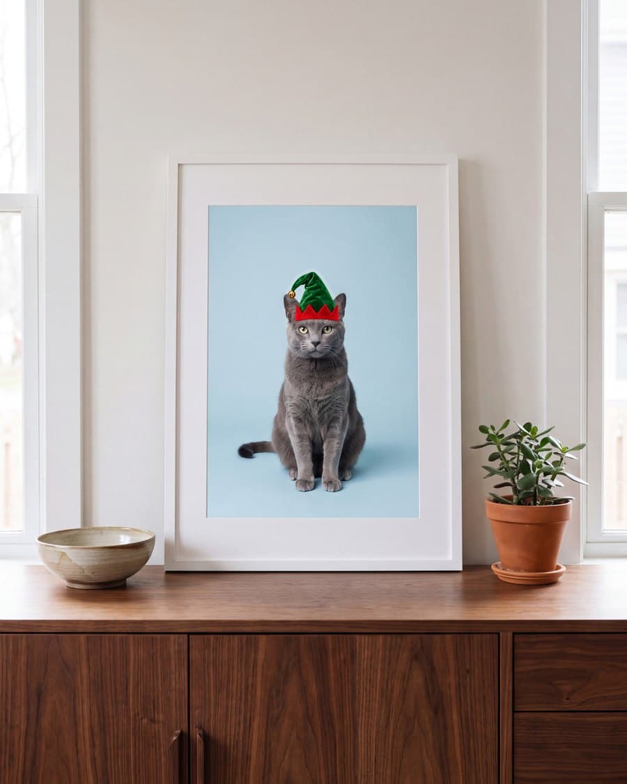 A studio photograph of a grey cat in an elf hat, on a walnut sideboard